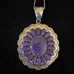 Sterling Silver Purple Turquoise Cluster Pendant Statement Necklace Southwestern